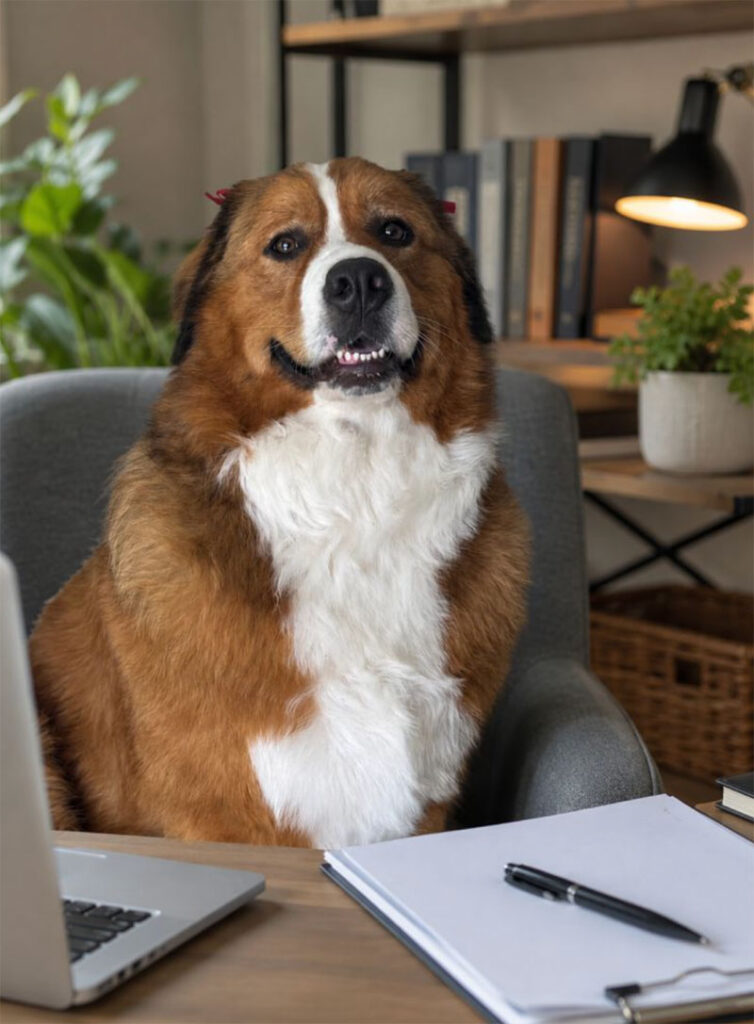dog sitting at desk